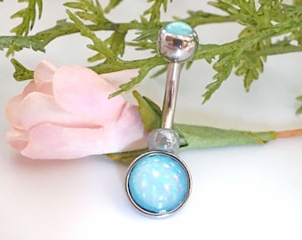 Blue Illuminating Stone 316L Surgical Steel Belly Button Navel Ring