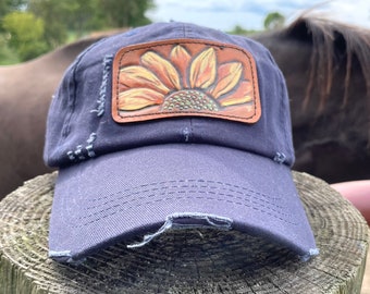 Distressed Navy Blue Trucker Hat with Tooled Leather Flower Patch Hat Ponytail Bun Hat