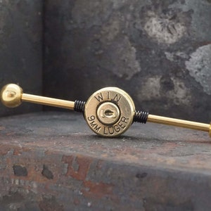 9mm Spent Brass Bullet Industrial Barbell 14g 16g Scaffold image 6