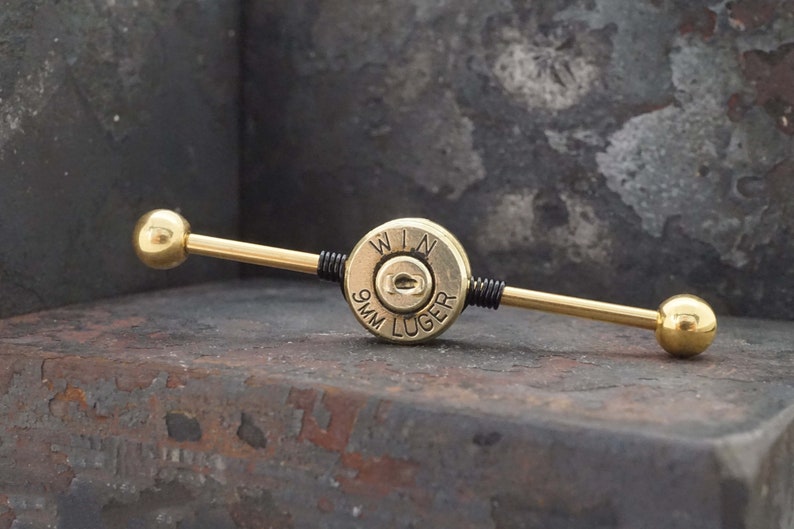 9mm Spent Brass Bullet Industrial Barbell 14g 16g Scaffold image 6