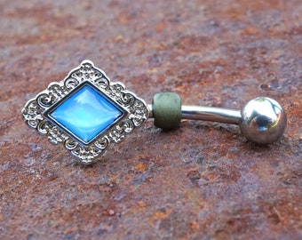 Light Blue Diamond Shaped Filigree Illuminating Stone Center 316L Surgical Steel Belly Button Navel Ring