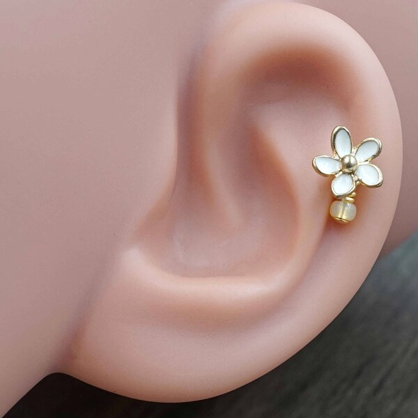 White Daisy Flower 16g Gold Cartilage Tragus Helix Earring