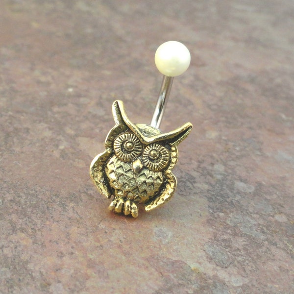 Gold Owl Belly Button Jewelry Ring with Ivory Pearl