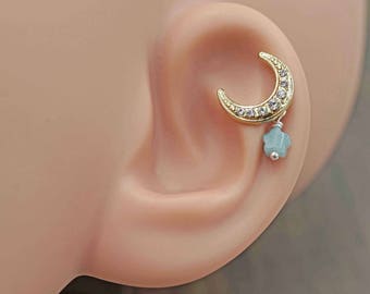 Gold Moon and Star Stud Cartilage Earring Piercing 16g