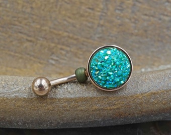 Teal Green Druzy Round Rose Gold Belly Button Ring - Short Belly Button Ring