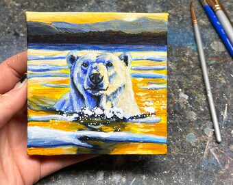 Polar Plunge Polar Bear Swimming Icebergs Original Art Canvas Mini Small