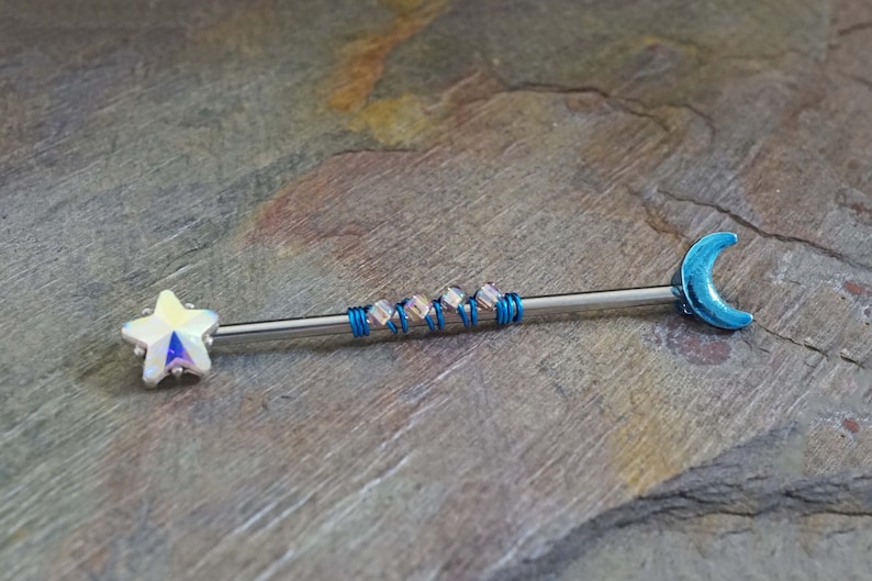Blue Celestial Moon Industrial Barbell 14g Scaffold Aurora Borealis Crystal Star