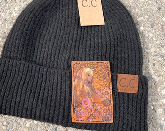 Brown Bear and Flowers Tooled Leather Black Beanie Hat Unisex Winter Hat