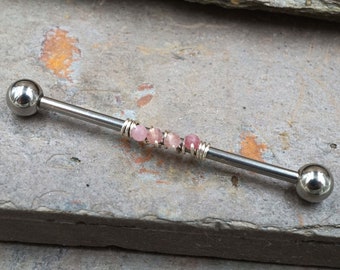 Pink Tourmaline Gemstone Beaded Industrial Barbell 14g 16g