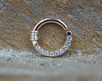 Half Circle CZ Lined Tiny Rose Gold Hoop Septum Ring - Rose Gold Daith Piercing - Rose Gold Rook Earring Hoop