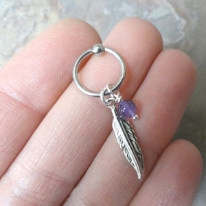 Purple Amythest Cartilage Hoop Silver Feather CBR Earring Belly Button Jewelry image 2