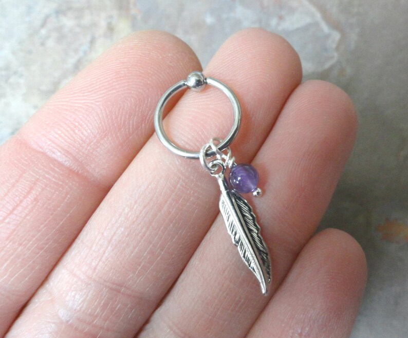 Purple Amythest Cartilage Hoop Silver Feather CBR Earring Belly Button Jewelry image 2