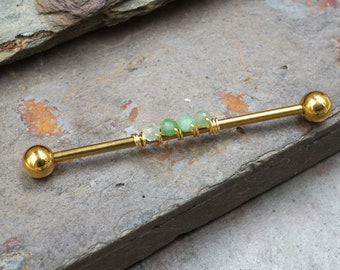 Chrysoprase Gemstone Beaded Industrial Barbell 14g 16g