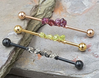 Gemstone Beaded Industrial Barbell 14g 16g Smokey Quartz, Garnet, Peridot