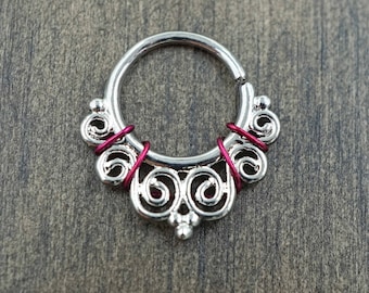Ornate Silver Septum Ring Rose Gold Daith Piercing Rook Earring Hoop
