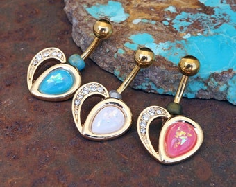 Crystal Paved Opal Heart Gold Belly Button Navel Rings