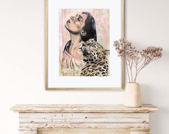 Woman with Leopard Pastel Sketch Abstract Mixed Media Painting