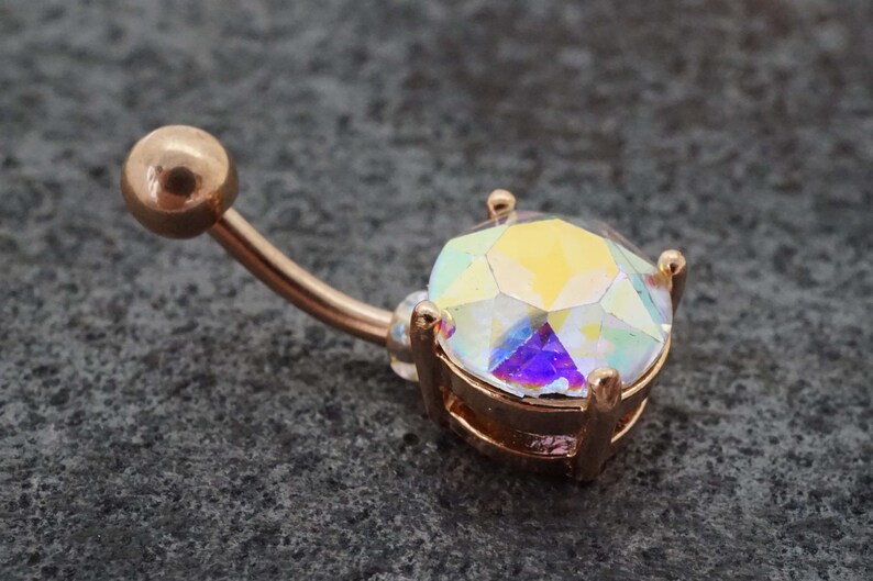 Gift Under 20 Round AB Aurora Borealis Rose Gold Belly Ring