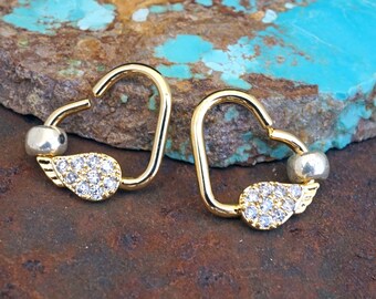 CZ Paved Angel Wing 14kt Gold Heart Daith Earring Rook Piercing Hoop