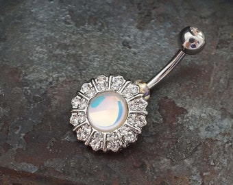 Silver Revo Crystal Flower Belly Button Rings