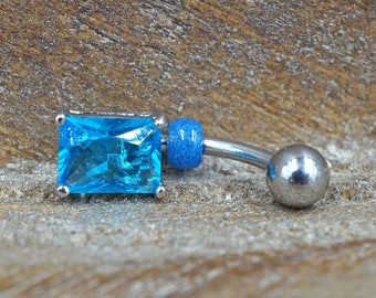 Elegant Aqua Blue Square CZ Belly Button Ring Jewelry