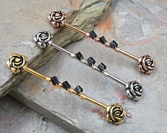Double Rose Flower 14g Industrial Barbell Beaded Scaffold Piercing Silver, Gold or Rose Gold
