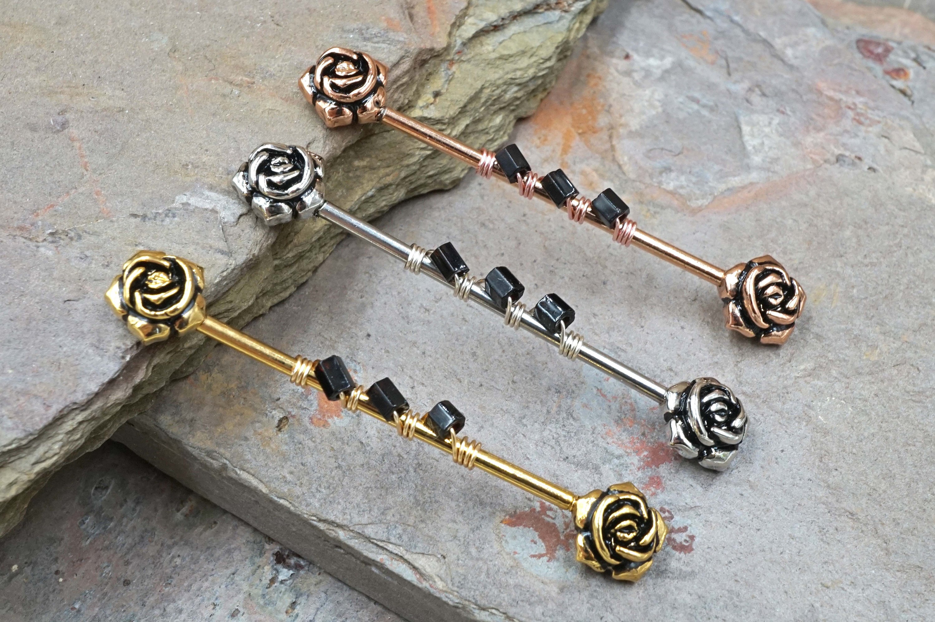 Double Rose Flower 14g Industrial Barbell Beaded Scaffold Piercing