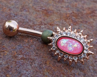 Pink Opal Sunburst Rose Gold Belly Button Navel Rings