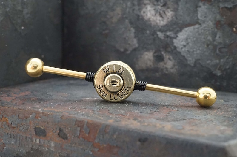 9mm Spent Brass Bullet Industrial Barbell 14g 16g Scaffold image 5