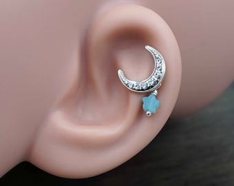 Silver Moon and Star Stud Cartilage Earring Piercing 16g