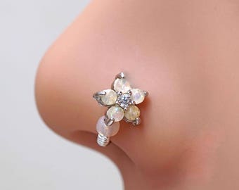 White Opal Flower Silver Nose Hoop Nose Ring 20G Nose Ring