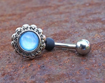 Blue Illuminating Stone Flower 316L Surgical Steel Belly Button Navel Ring