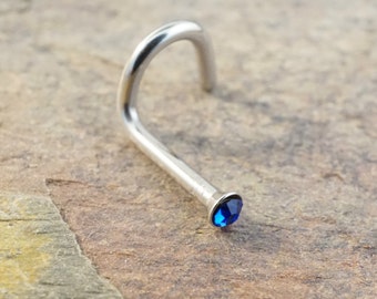 18 Gauge Sapphire Blue Nose Ring Stud Corkscrew