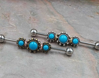 Triple Turquoise Gem Silver or Gold Industrial Barbell 14g or 16g Scaffold Piercing