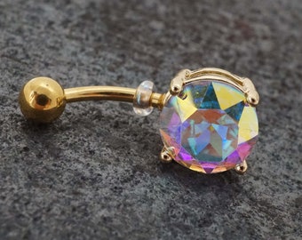 Round AB Aurora Borealis Yellow Gold Belly Ring - Gift Under 20