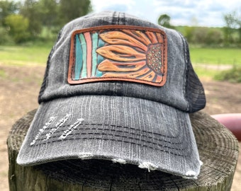 Distressed Black and Grey Baseball Cap Hat with Tooled Leather Flower Patch Hat Ponytail Bun Hat