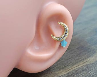 Gold Moon and Star Stud Cartilage Earring Piercing 16g