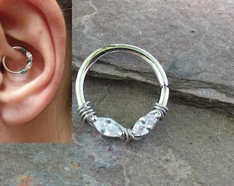 Crystal Septum Ring Silver Daith Piercing Rook Earring Hoop