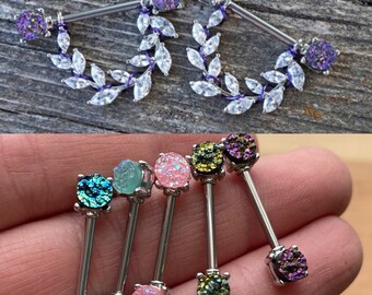 Purple Druzy Silver 14g Nipple Shield Nipple Ring Nipple Piercing