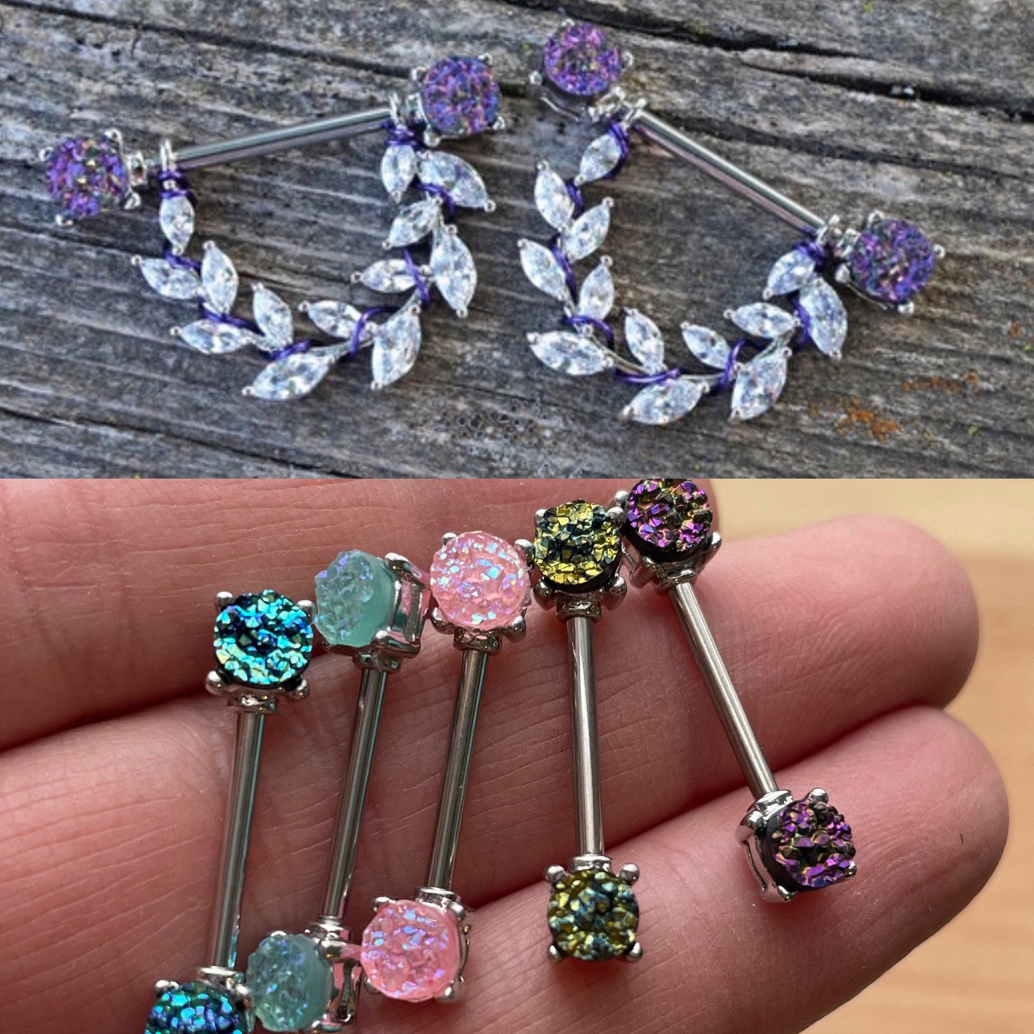 Purple Druzy Silver 14g Nipple Shield Nipple Ring Nipple Piercing