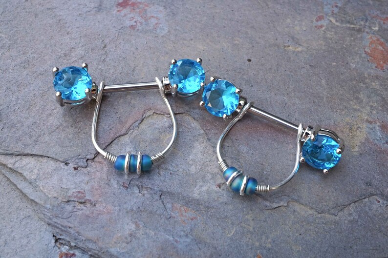 Sparkly Blue Crystal Nipple Ring Nipple Piercing