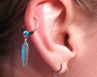 Silver Feather Cartilage Hoop Turquoise Beaded Earring Boho Tragus Helix Piercing