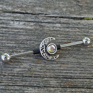 Celestial Moon Industrial Barbell 14g 16g Scaffold Aurora Borealis Crystal