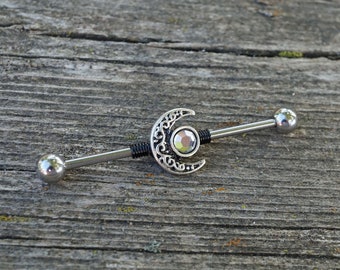 Celestial Moon Industrial Barbell 14g 16g Scaffold Aurora Borealis Crystal