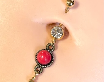 Red Vintage Gem Gold Dangle Yellow Gold Belly Button Navel Rings