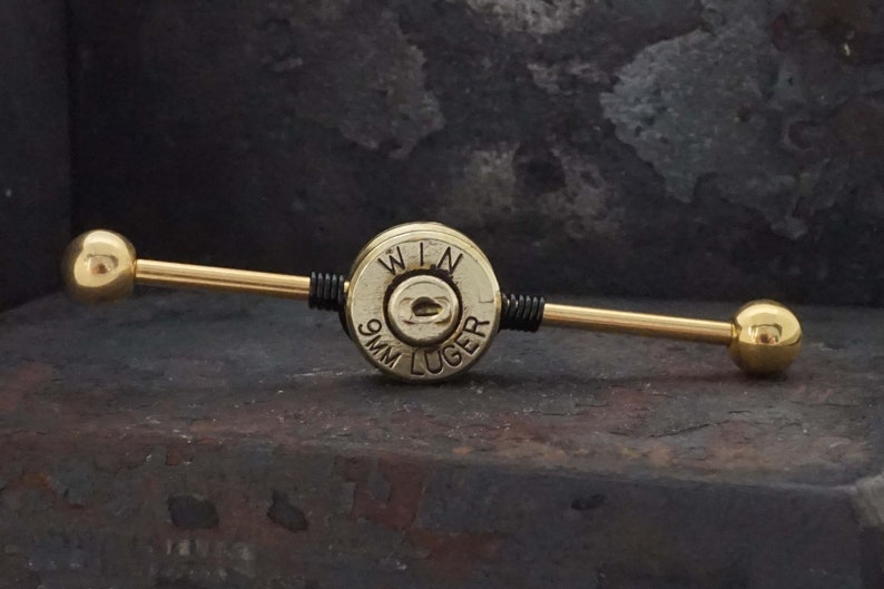 9mm Spent Brass Bullet Industrial Barbell 14g 16g Scaffold image 9