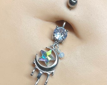 Aurora Borealis Star CZ With Dripping Moon Dangle 316L Surgical Steel Belly Button Navel Rings