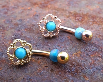 Flower Filigree Turquoise Center Rook Earring Daith Piercing Eyebrow Ring Curved Barbell