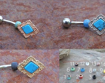 Filigree Turquoise Blue Diamond Belly Button Rings - Gold, Rose Gold or Silver - Belly Button Jewellery