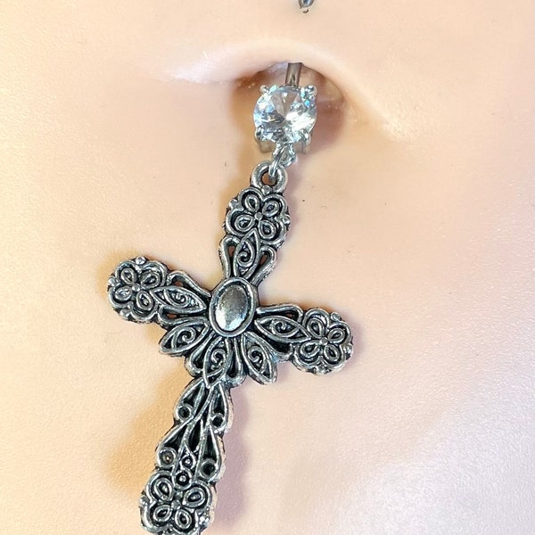 Silver Cross Belly Button Ring